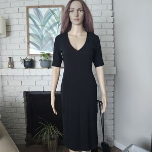 Lida Baday Black V-Neck Dress midi sheath half sleeves vintage